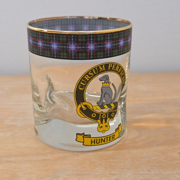 Vintage Clan Hunter Whisky Glass with Tartan Band and Gold Rim - Picture 2 of 5